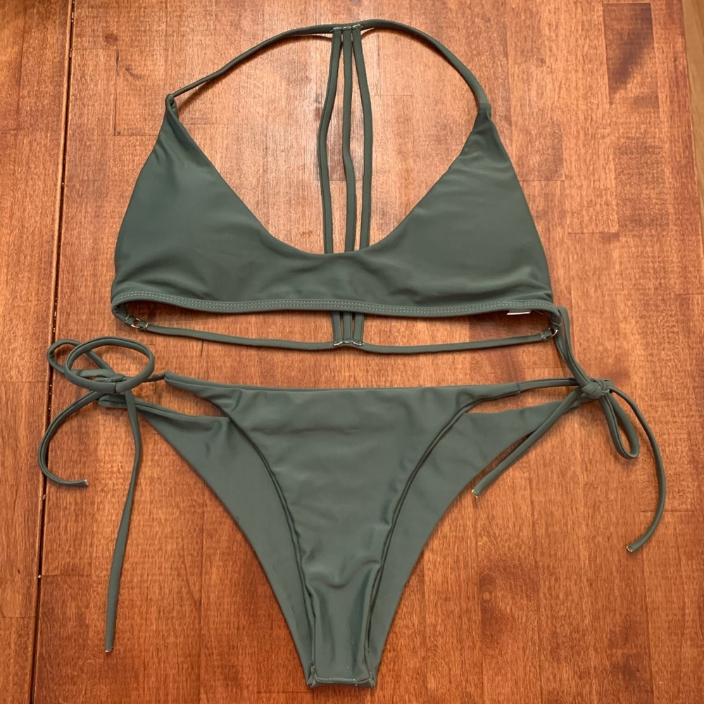 Olive green medium cheeky bikini set.